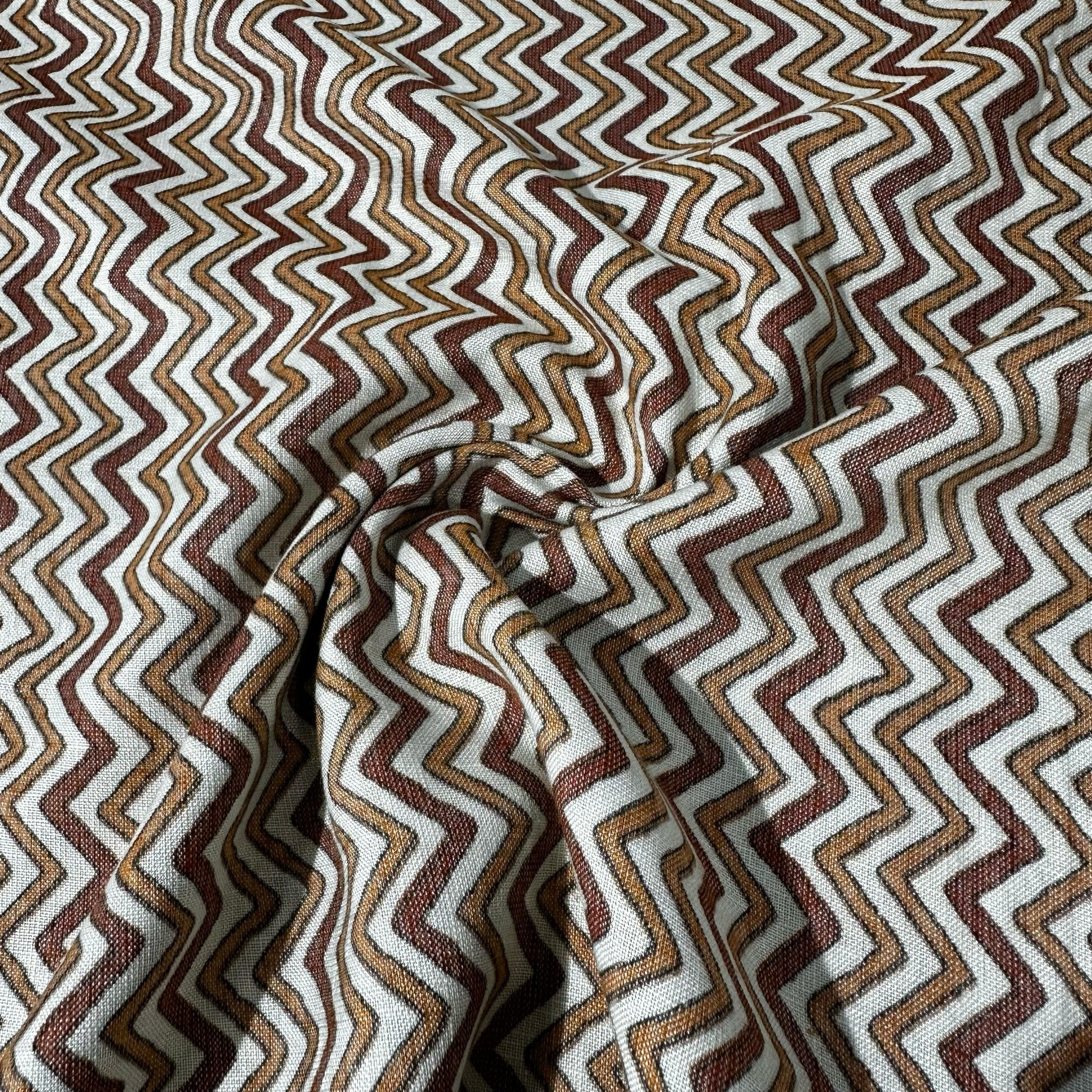 White With Orange And Brown Chevron Print Rayon Fabric 7372