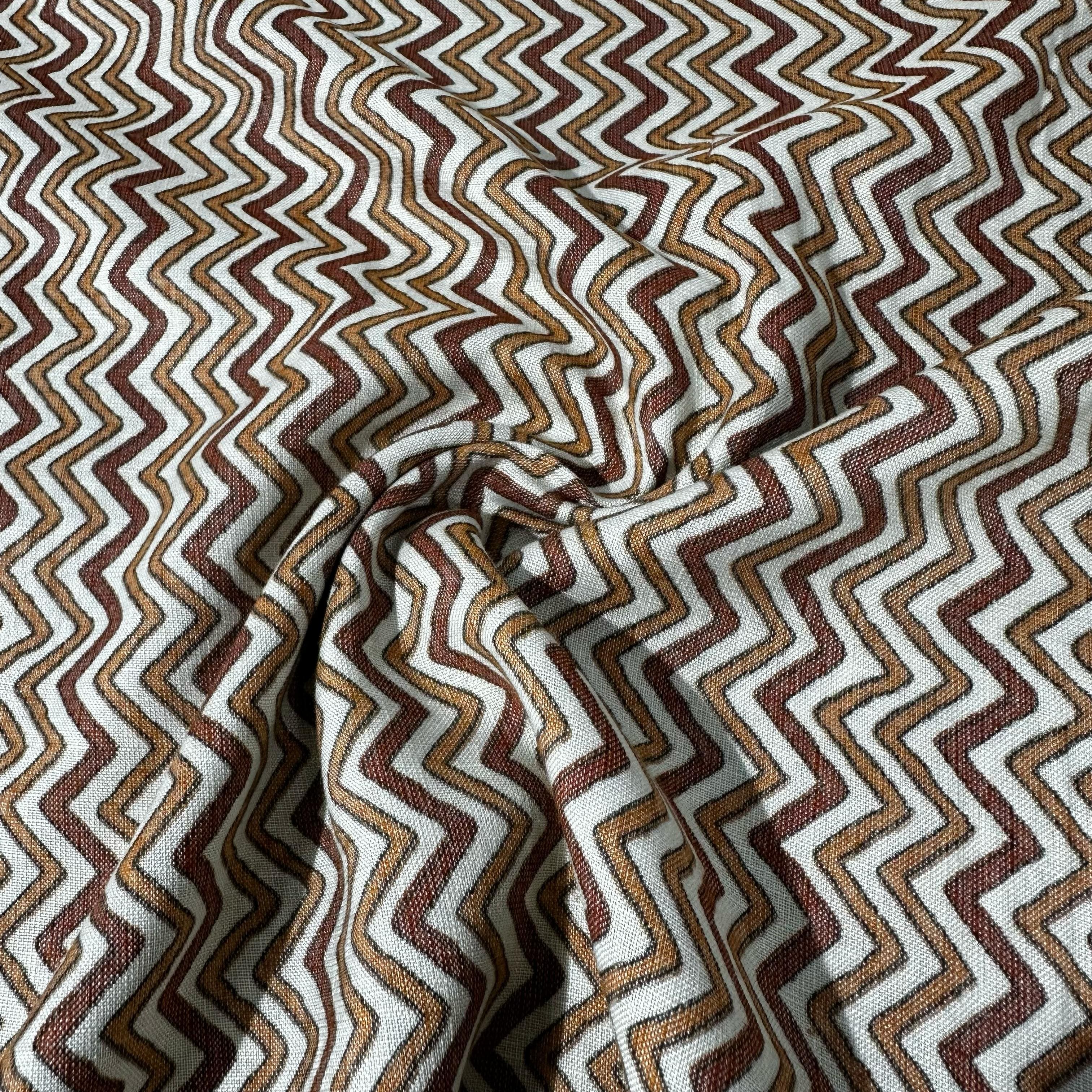 White With Orange And Brown Chevron Print Rayon Fabric 7372