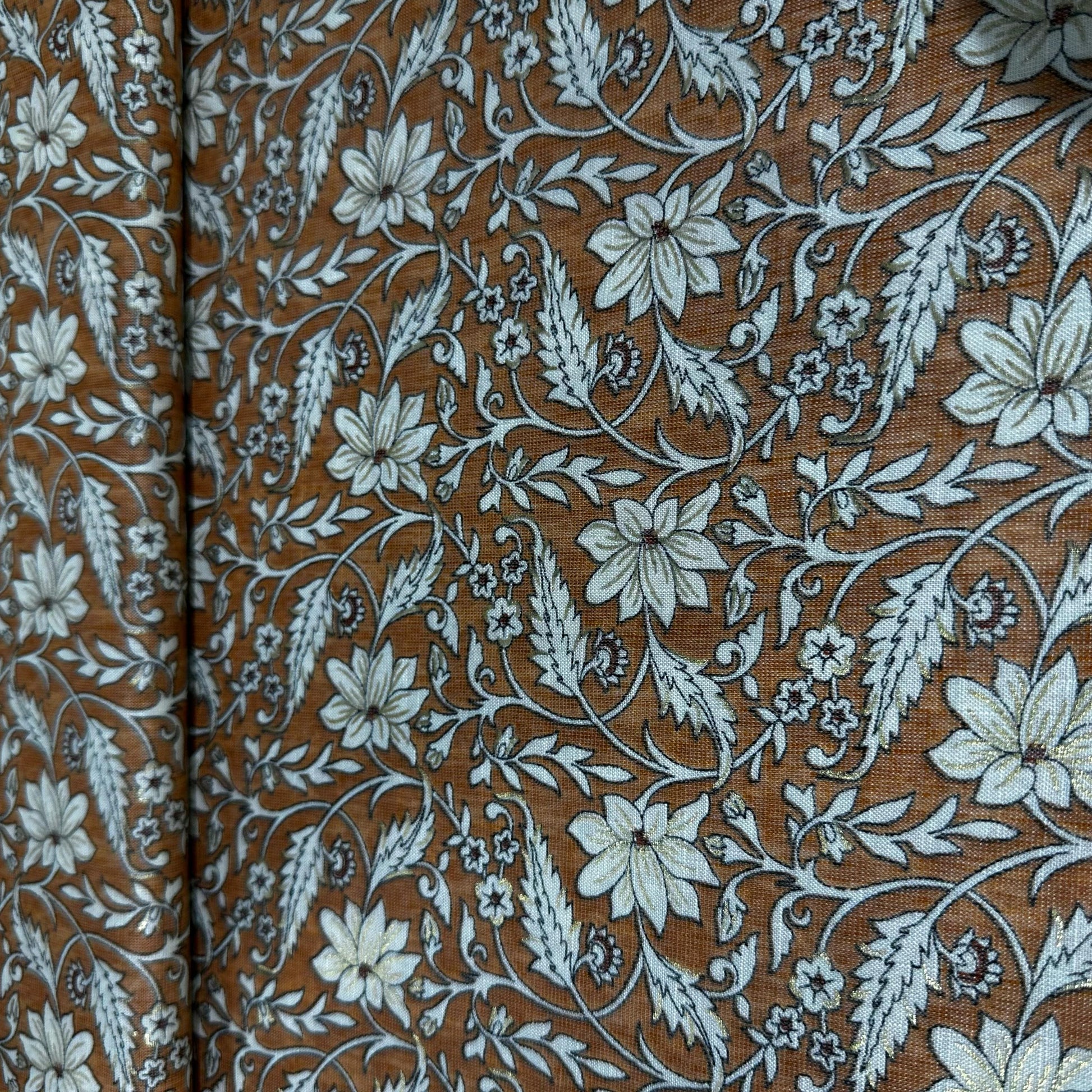 Orange Floral Foil Print Rayon Fabric 7375
