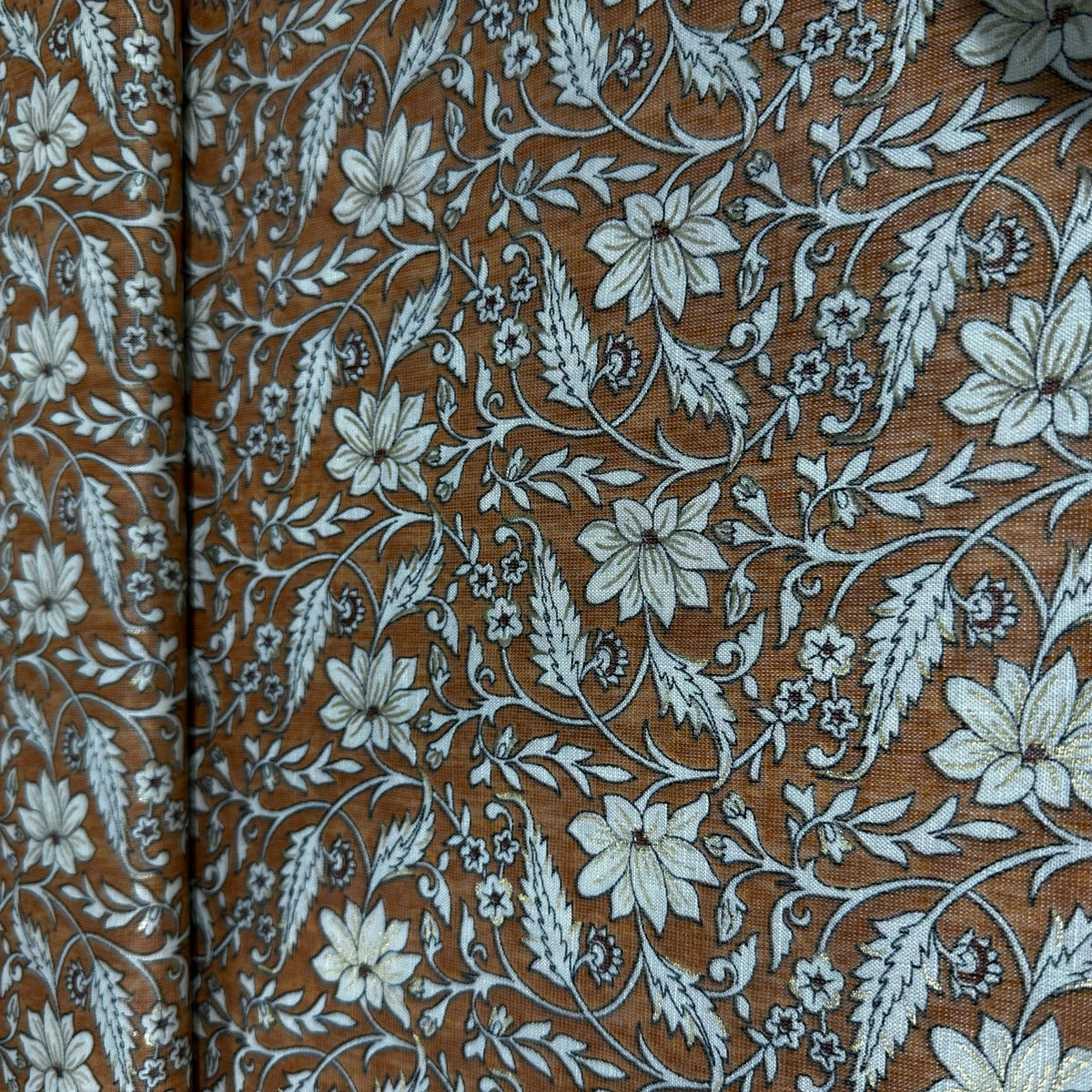 Orange Floral Foil Print Rayon Fabric 7375