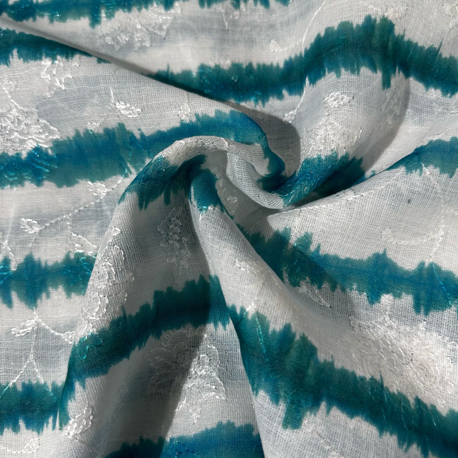 White & Teal Green Shibori Embroidery Linen Fabric 12919