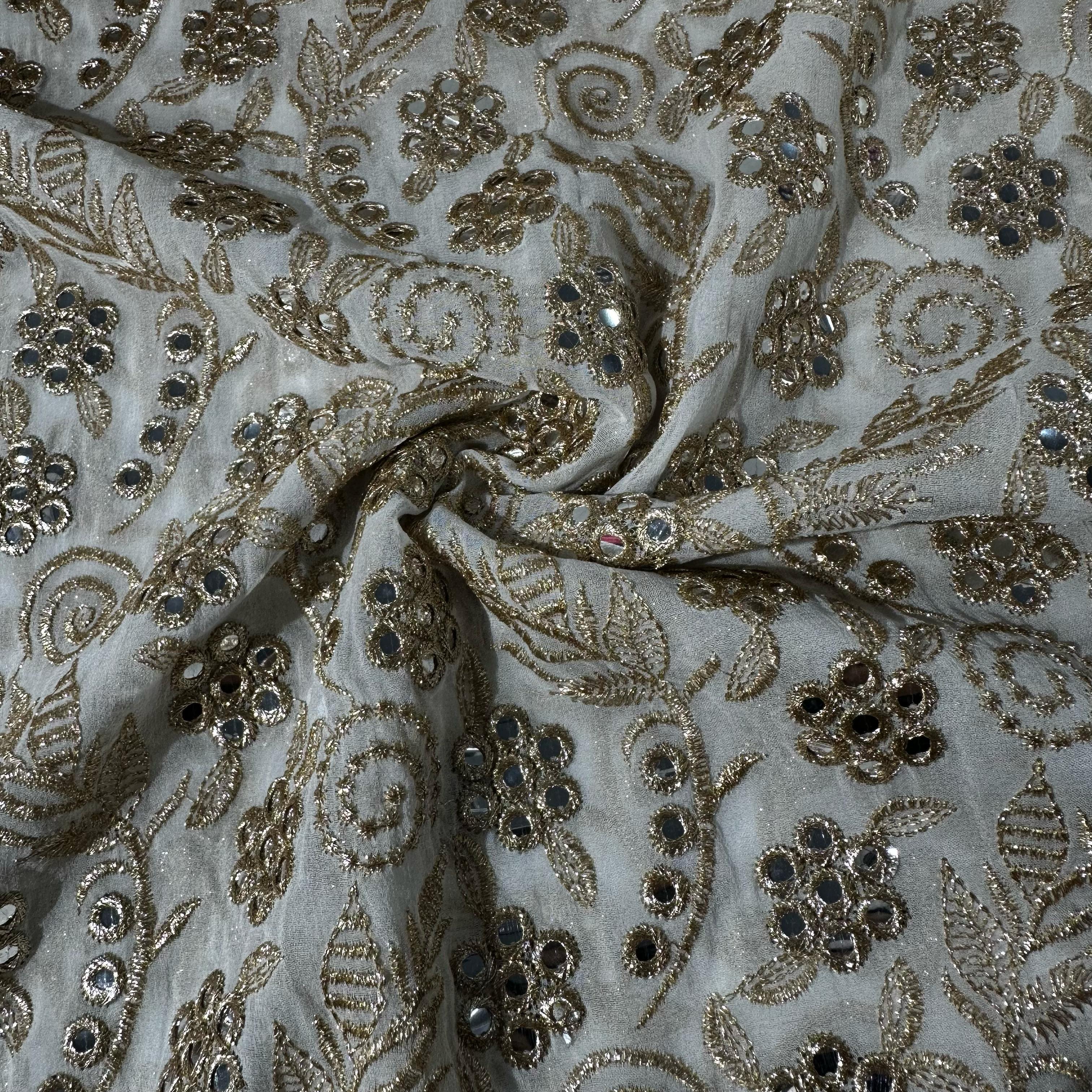 White Mirror & Zari Embroidery Dyeable Georgette Fabric 19695