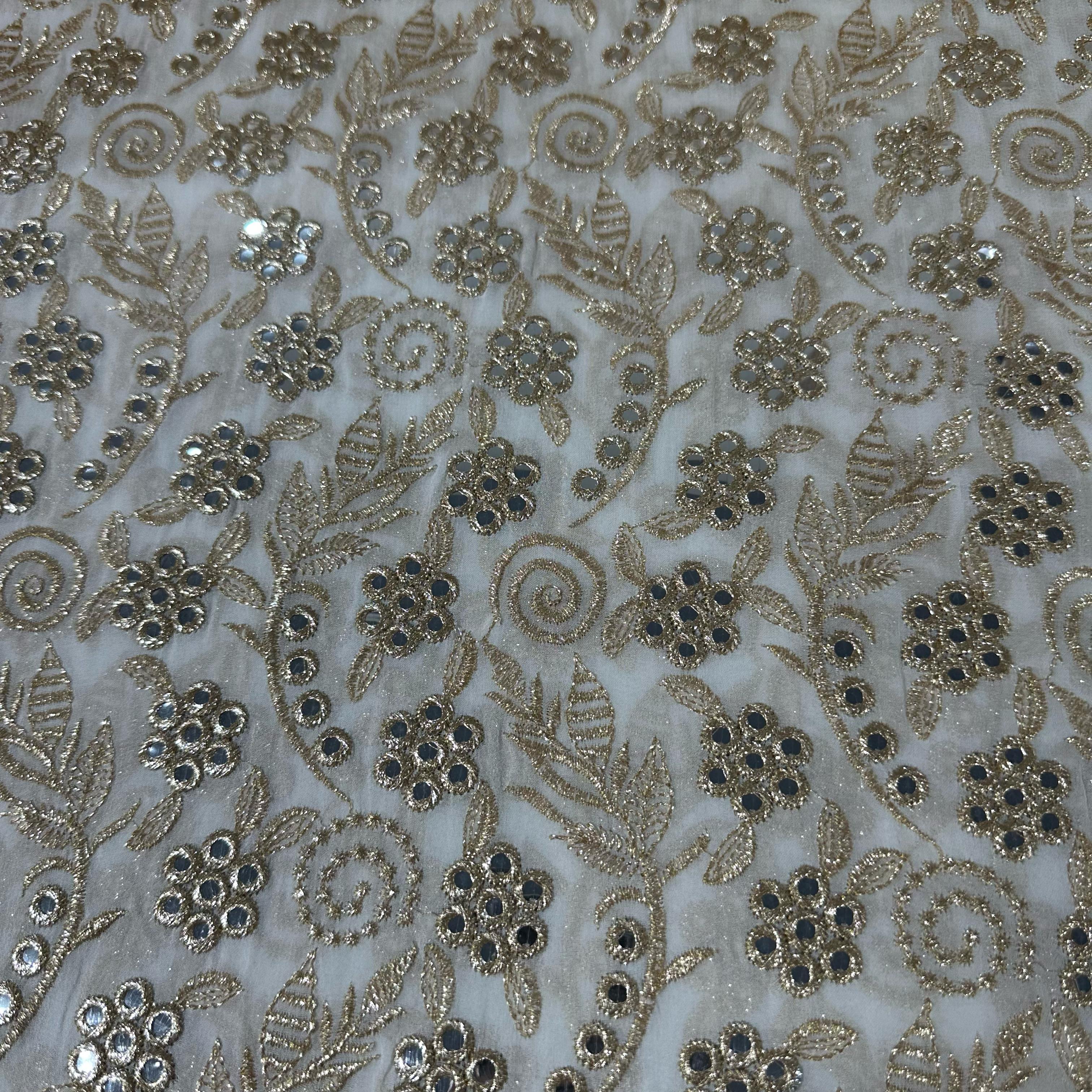 White Mirror & Zari Embroidery Dyeable Georgette Fabric 19695