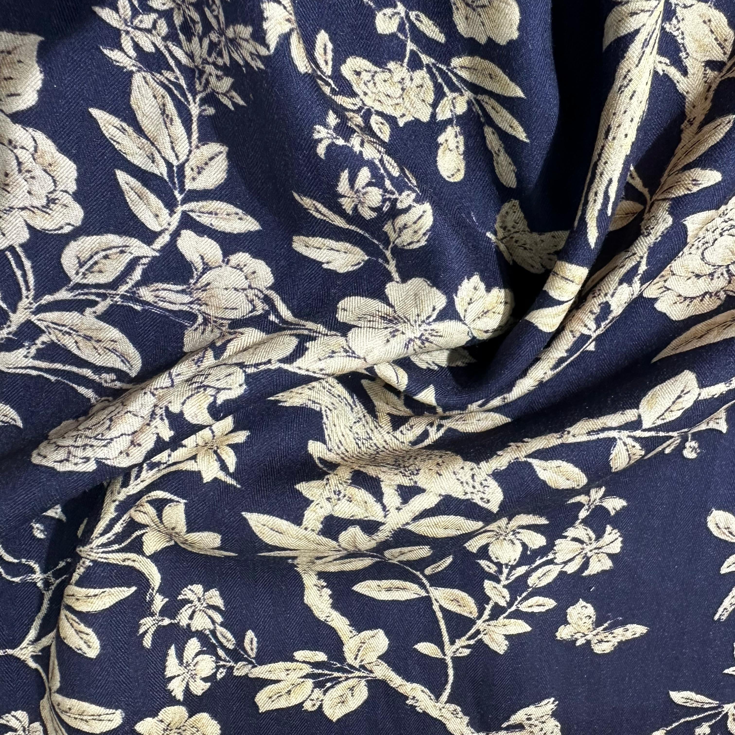 Navy Blue Floral Print Pashmina Fabric 20998