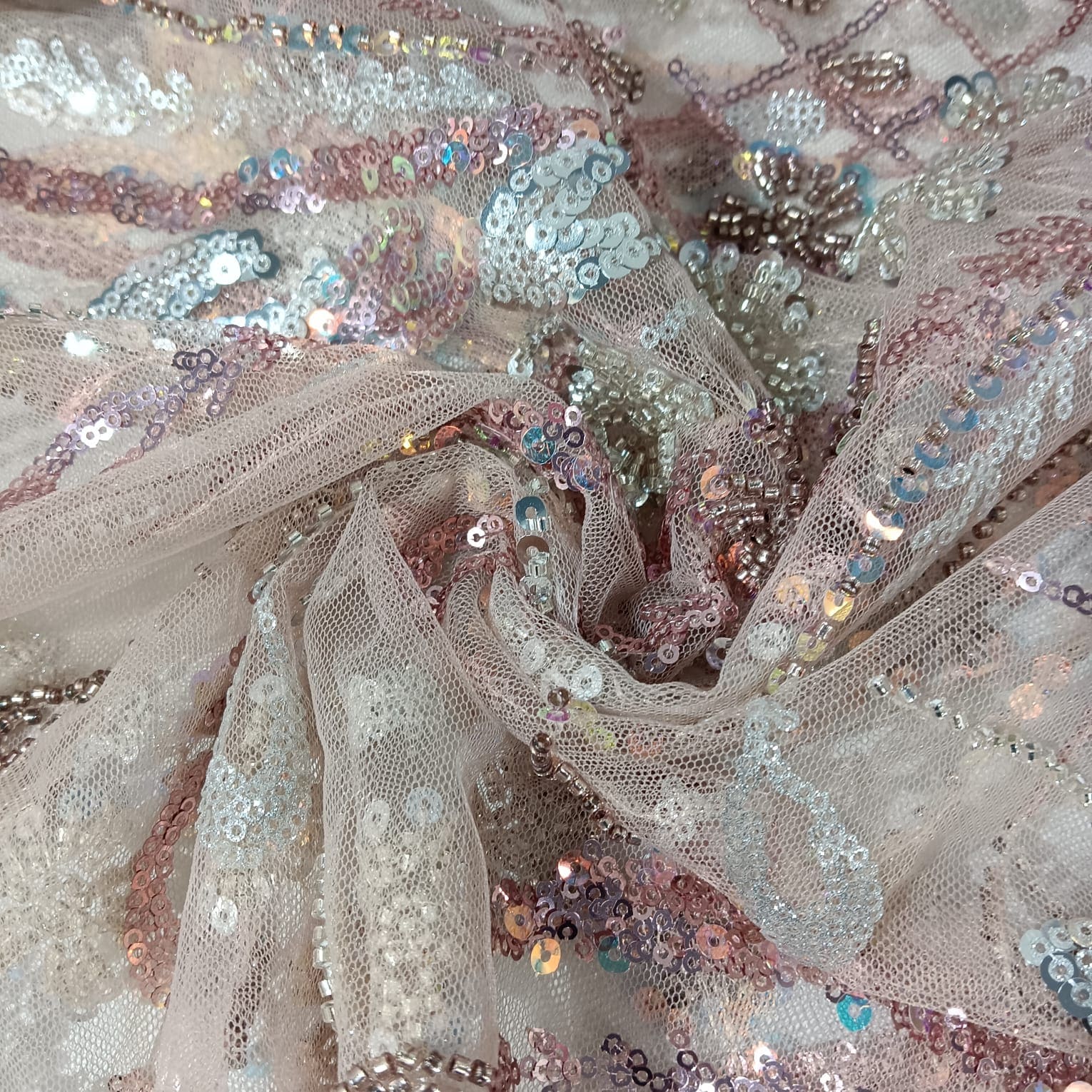 Peach Pink Imported Handwork Bead Sequence Embroidery Net Fabric 9034