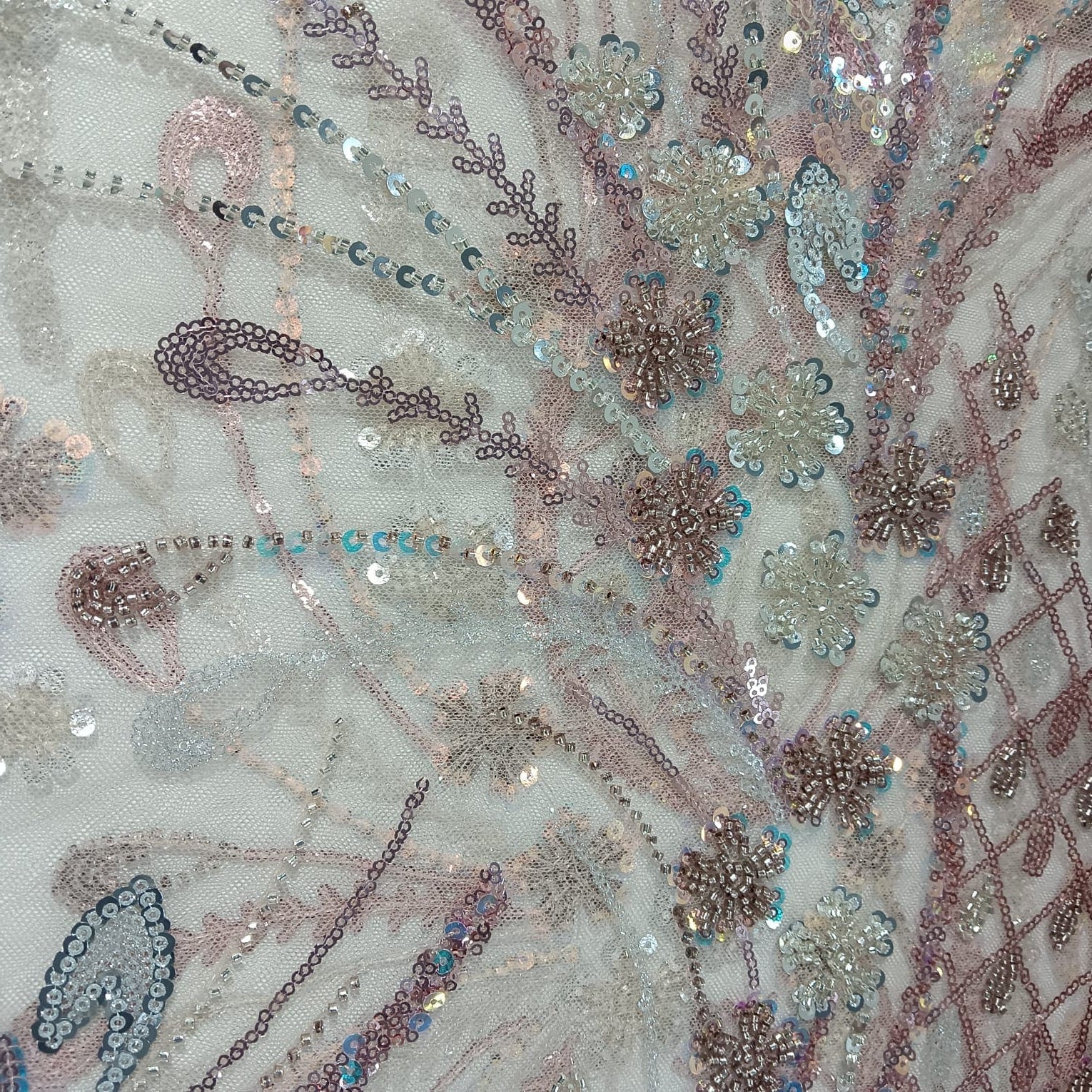 Peach Pink Imported Handwork Bead Sequence Embroidery Net Fabric 9034