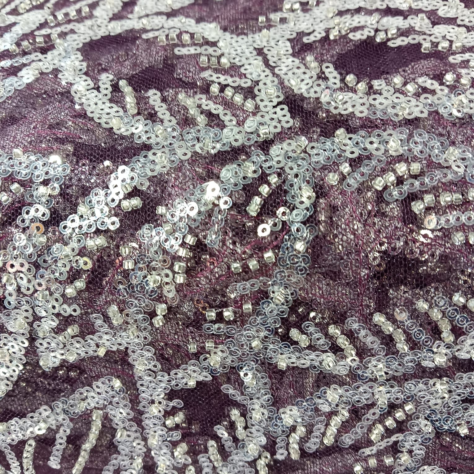 Wine With Silver Leaves Sequence Pearl Embroidery Net Fabric 14227