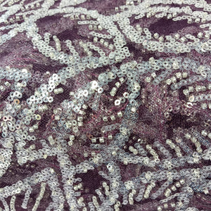 Wine With Silver Leaves Sequence Pearl Embroidery Net Fabric 14227