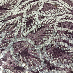 Wine With Silver Leaves Sequence Pearl Embroidery Net Fabric 14227