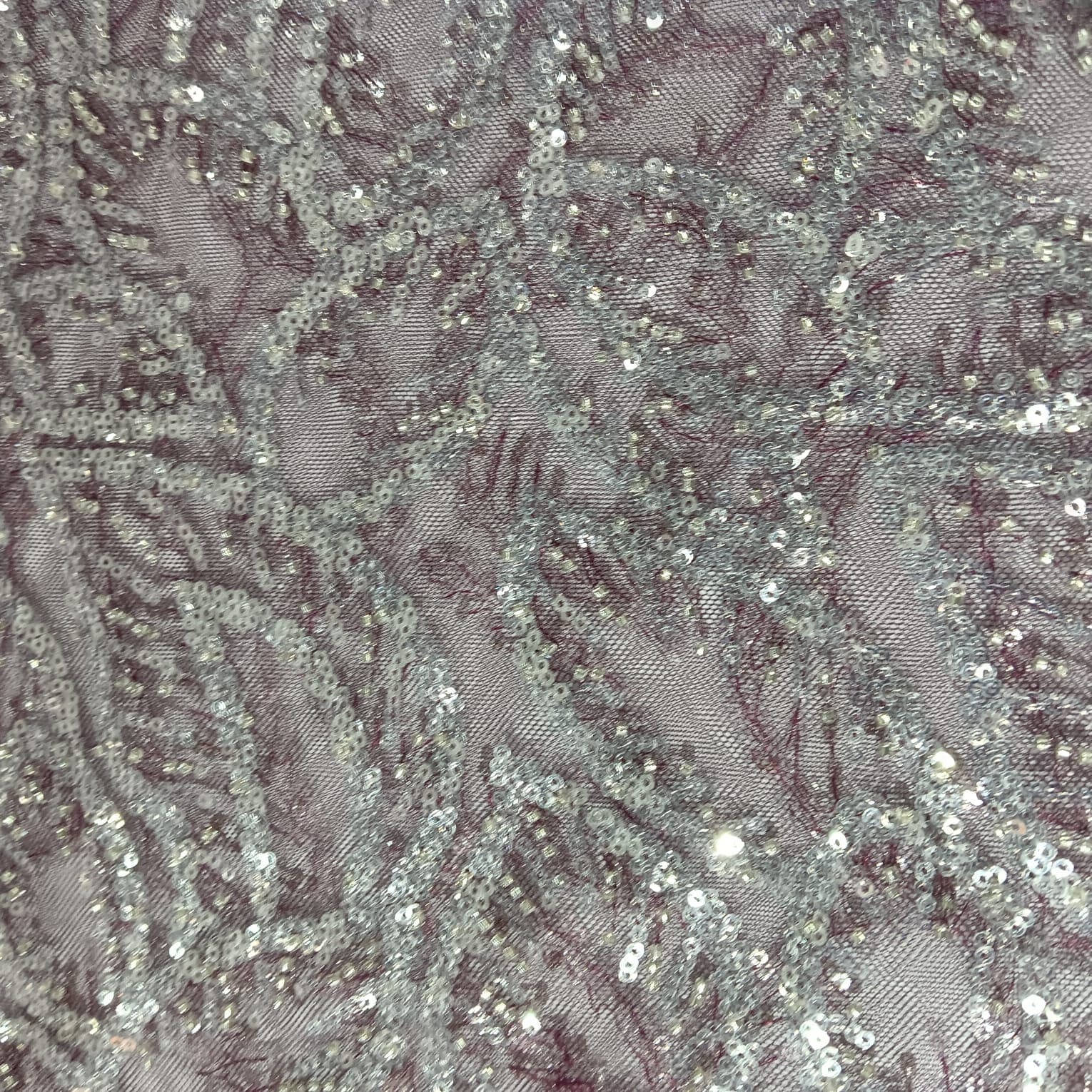 Wine With Silver Leaves Sequence Pearl Embroidery Net Fabric 14227