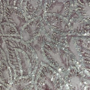 Wine With Silver Leaves Sequence Pearl Embroidery Net Fabric 14227