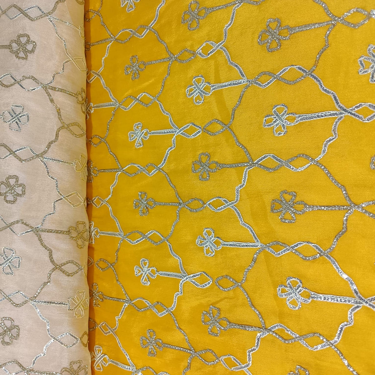 Yellow Cream Floral Gota Work Ombre Chinnon Fabric 14292