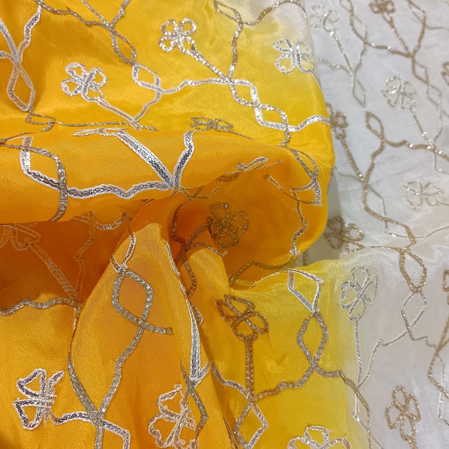 Yellow Cream Floral Gota Work Ombre Chinnon Fabric 14292