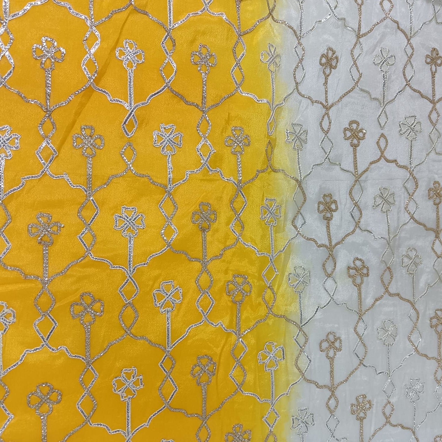 Yellow Cream Floral Gota Work Ombre Chinnon Fabric 14292