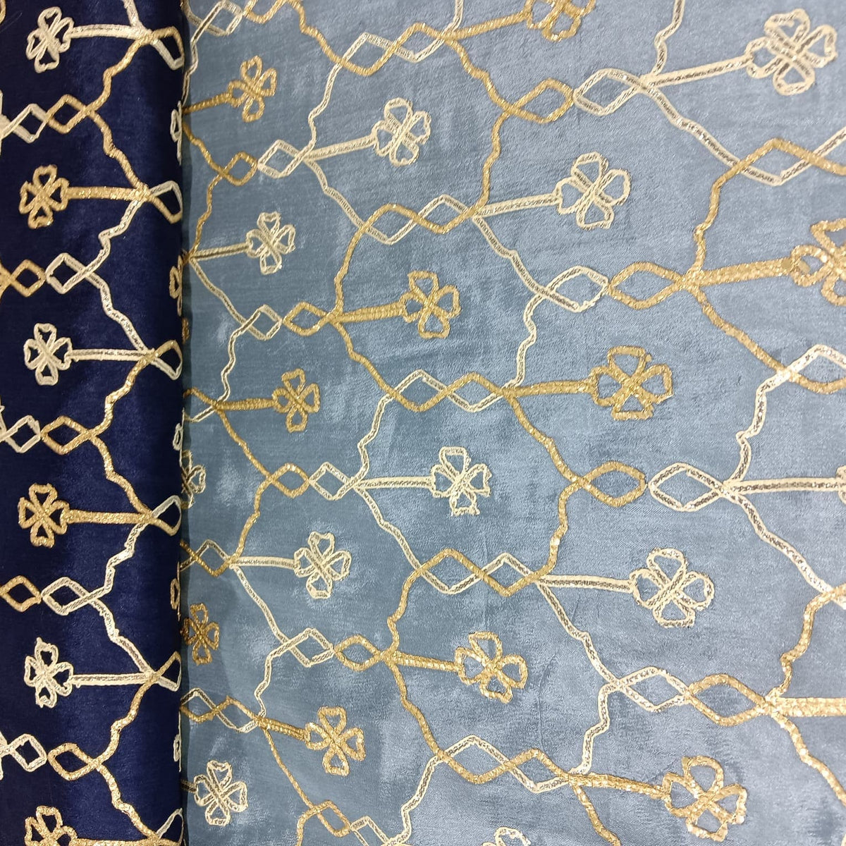 Blue Grey Floral Gota Work Ombre Chinnon Fabric 14288