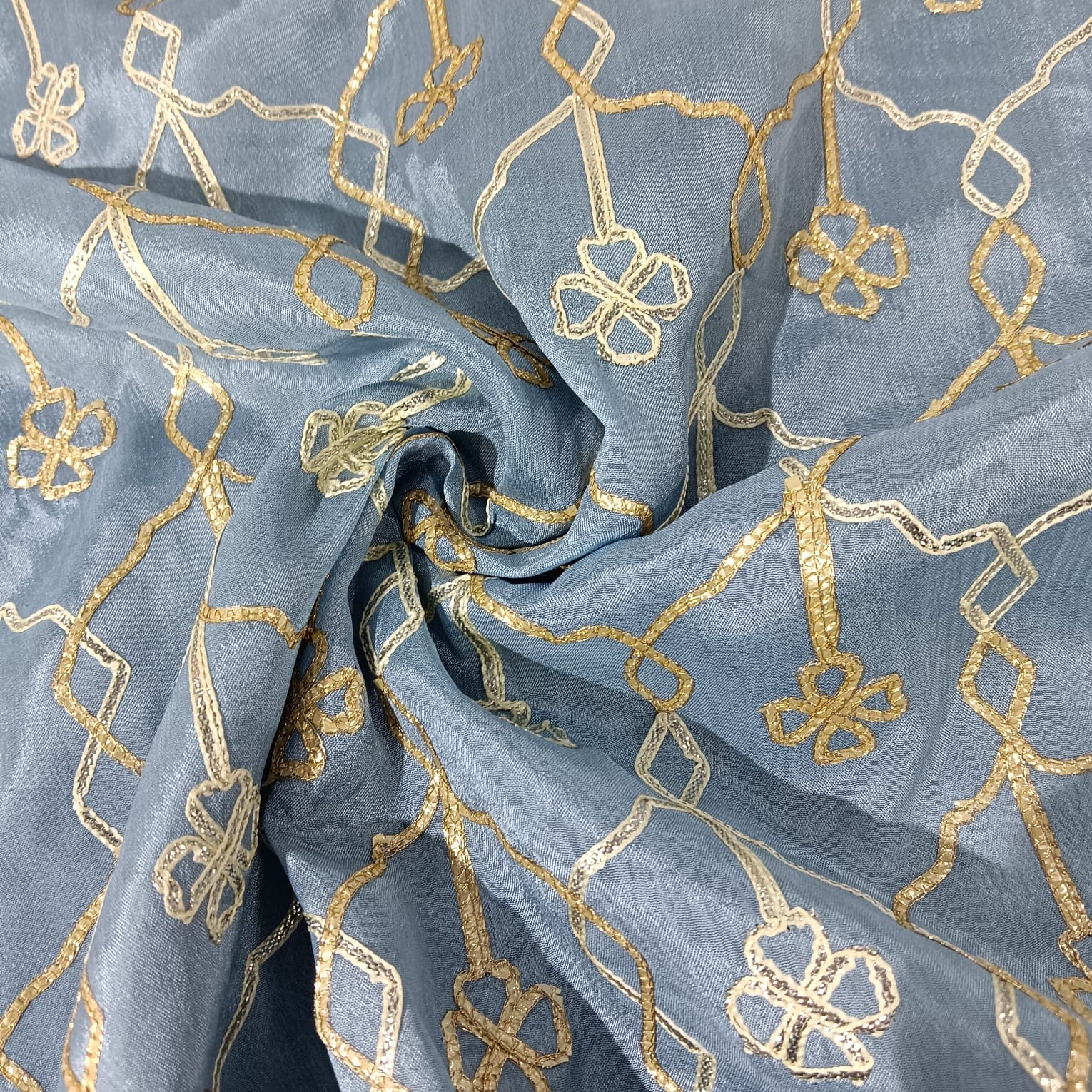 Blue Grey Floral Gota Work Ombre Chinnon Fabric 14288