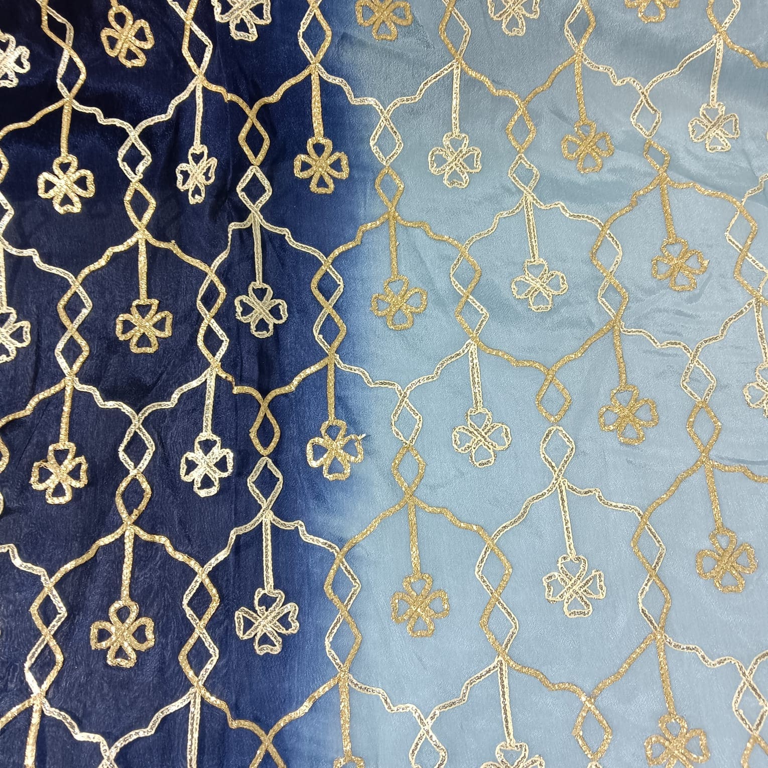 Blue Grey Floral Gota Work Ombre Chinnon Fabric 14288