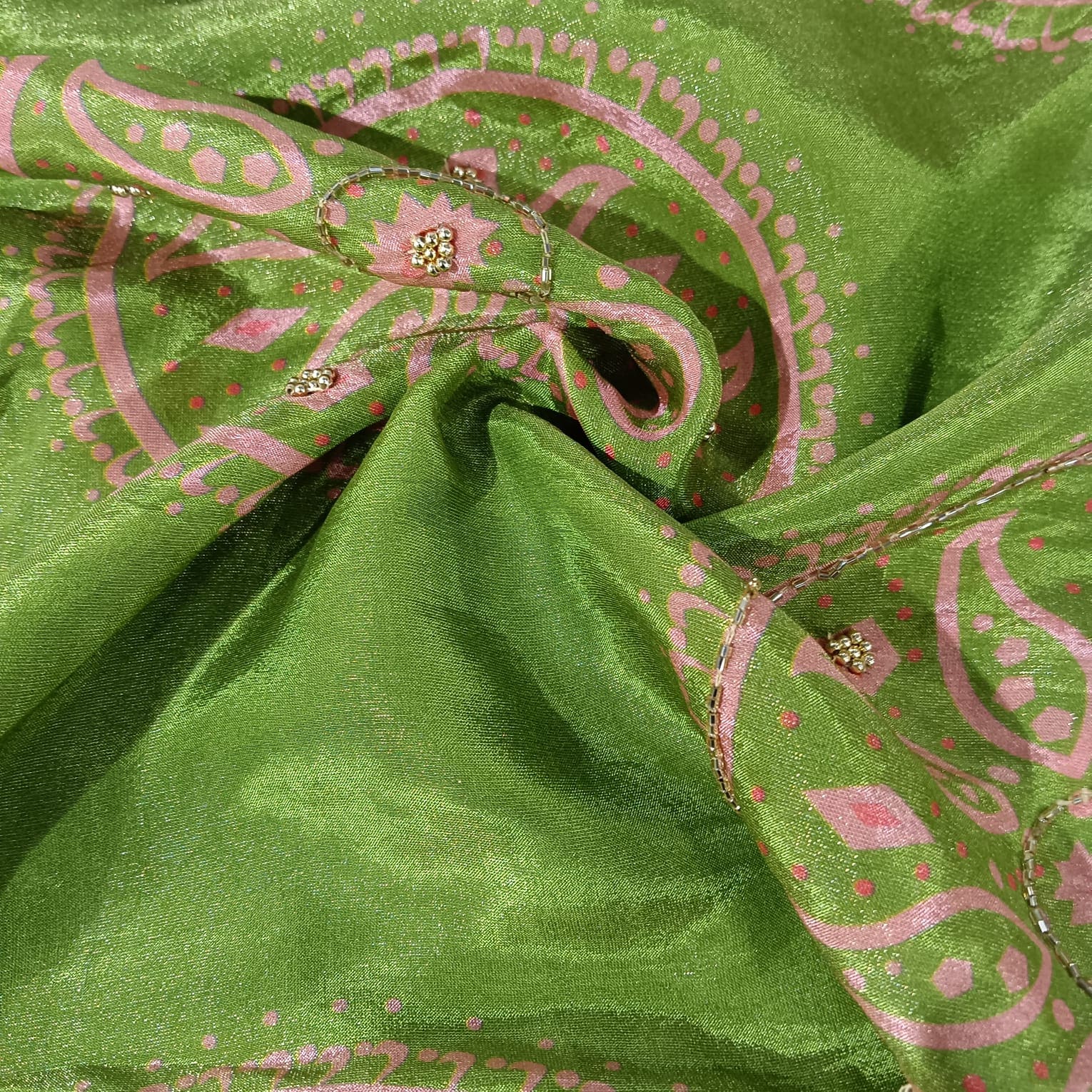 Green Cutdana Traditional Print Pure Tissue Fabric 21273