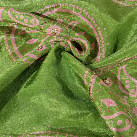 Green Cutdana Traditional Print Pure Tissue Fabric 21273