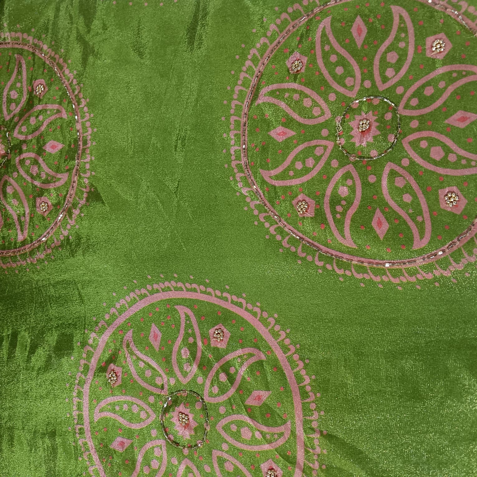 Green Cutdana Traditional Print Pure Tissue Fabric 21273