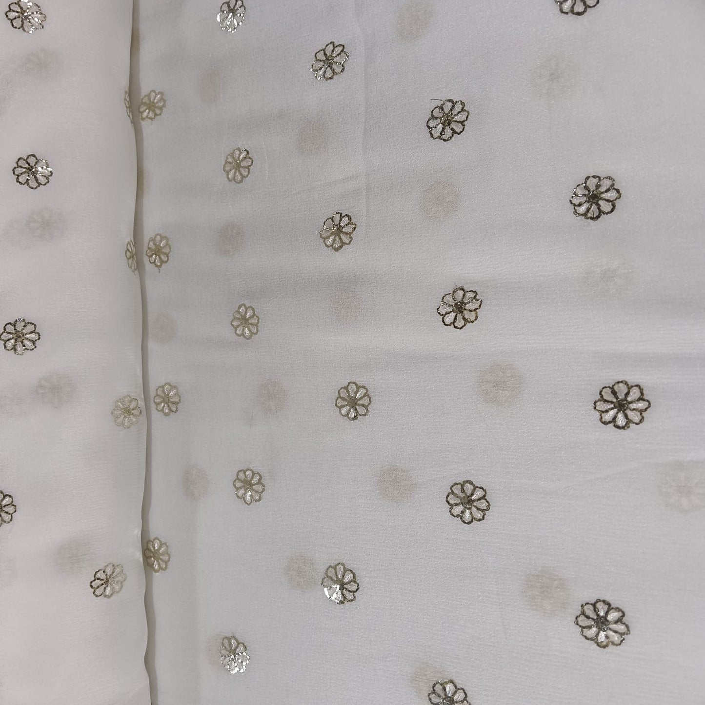 White & Silver FLoral Sequence Thread Embroidery Chinnon Fabric 9101