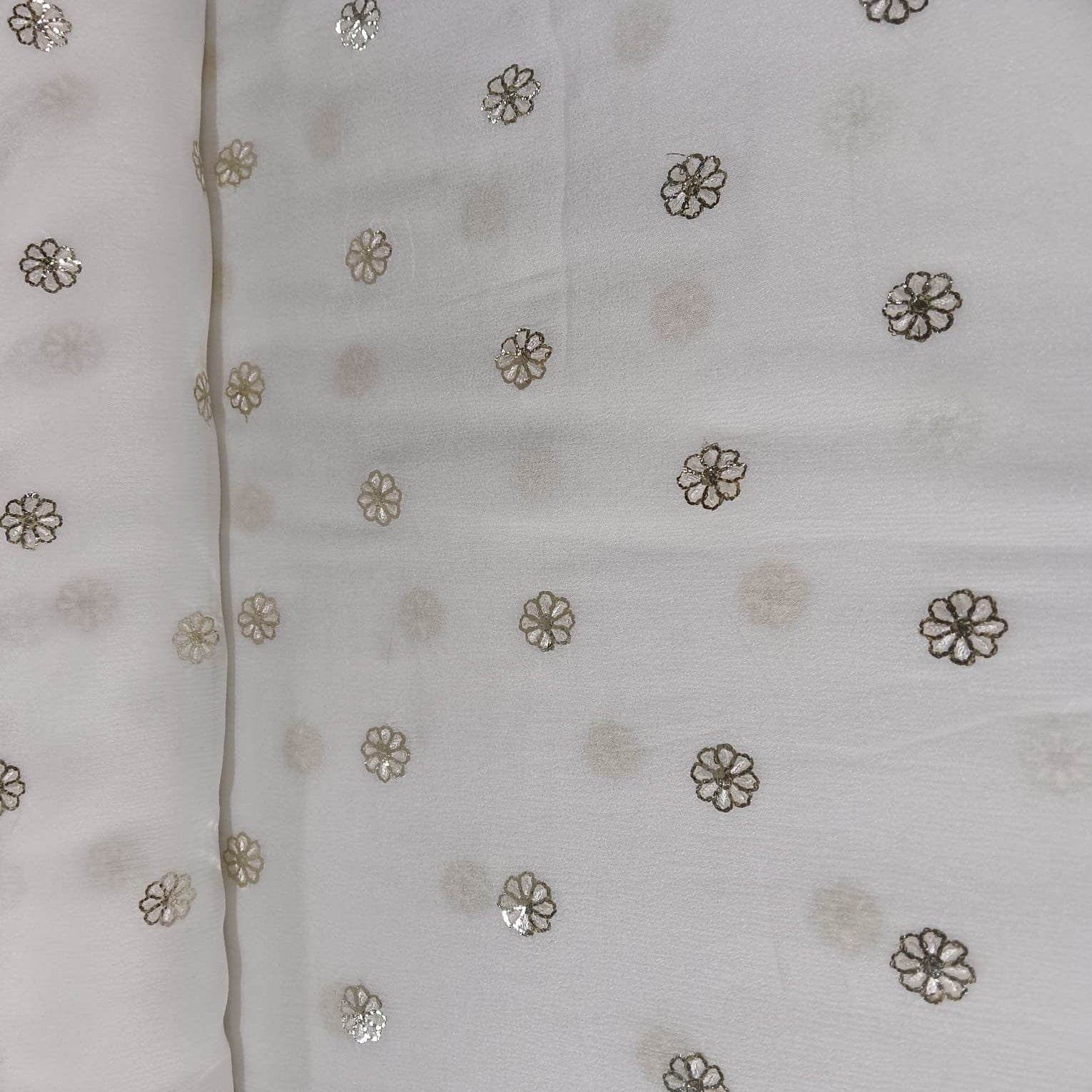 White & Silver FLoral Sequence Thread Embroidery Chinnon Fabric 9101