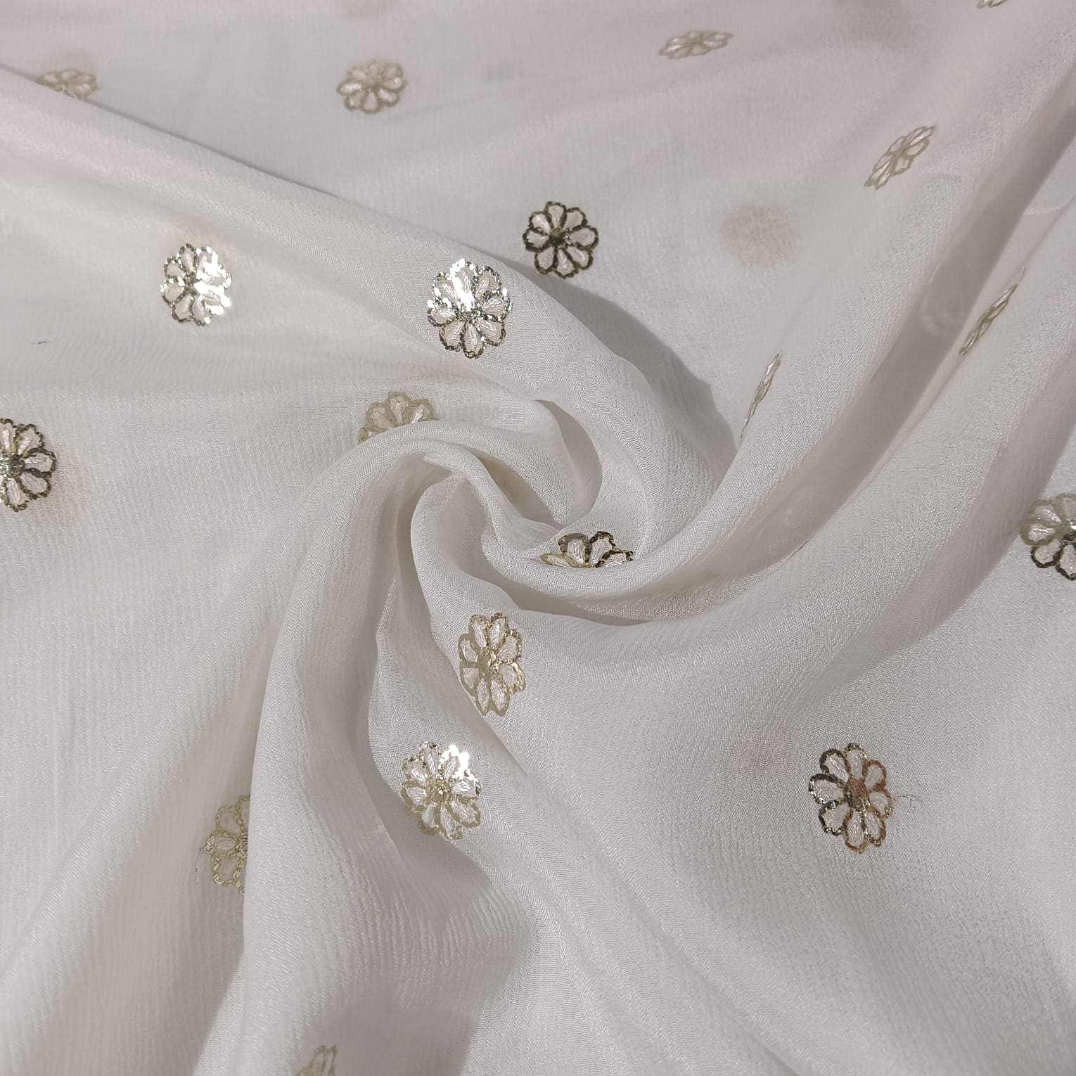 White & Silver FLoral Sequence Thread Embroidery Chinnon Fabric 9101