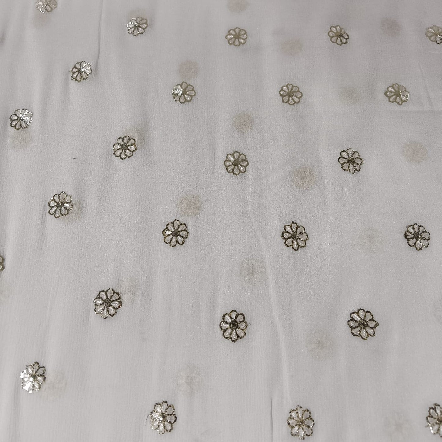 White & Silver FLoral Sequence Thread Embroidery Chinnon Fabric 9101