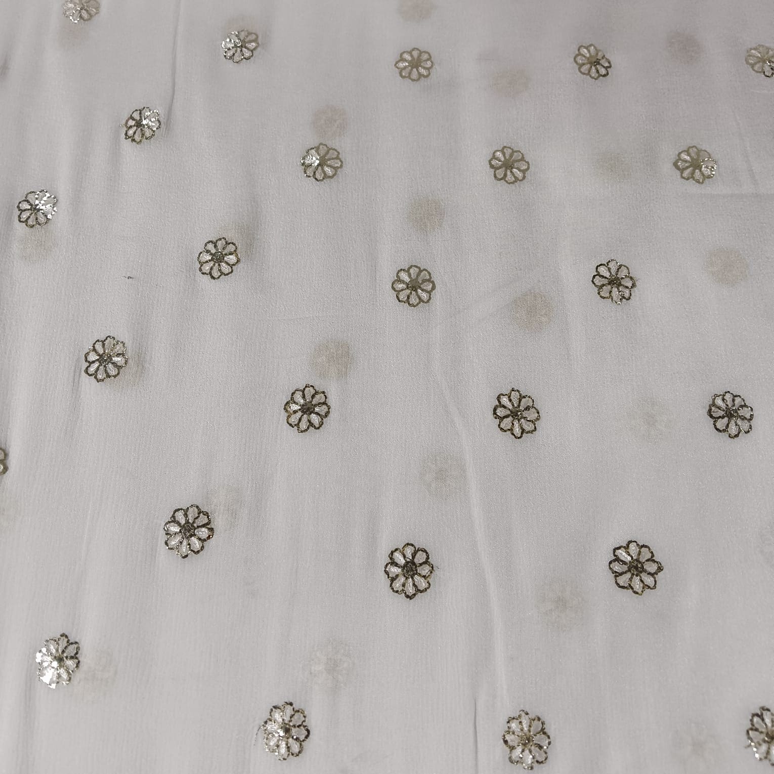 White & Silver FLoral Sequence Thread Embroidery Chinnon Fabric 9101