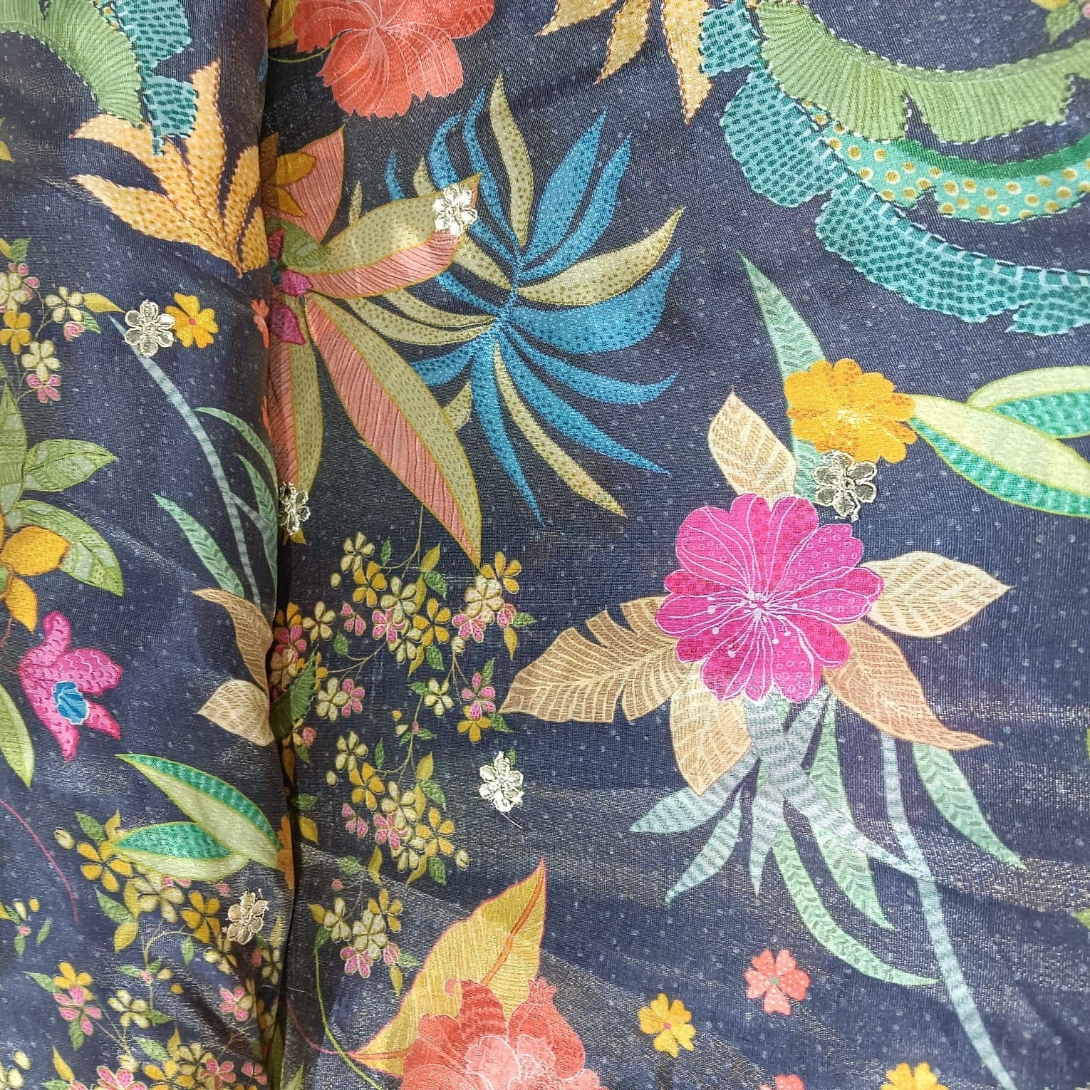 Dark Grey Floral Embroidery Tissue Silk Fabric 20863