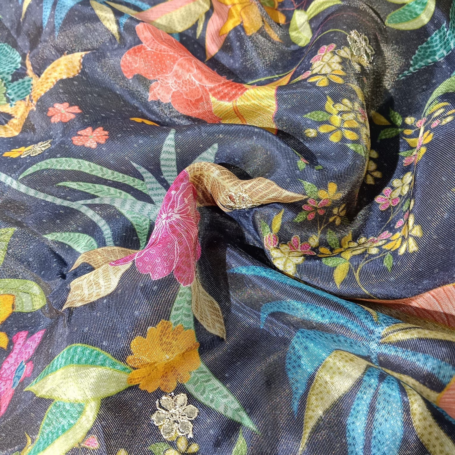 Dark Grey Floral Embroidery Tissue Silk Fabric 20863