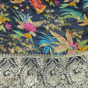 Dark Grey Floral Embroidery Tissue Silk Fabric 20863