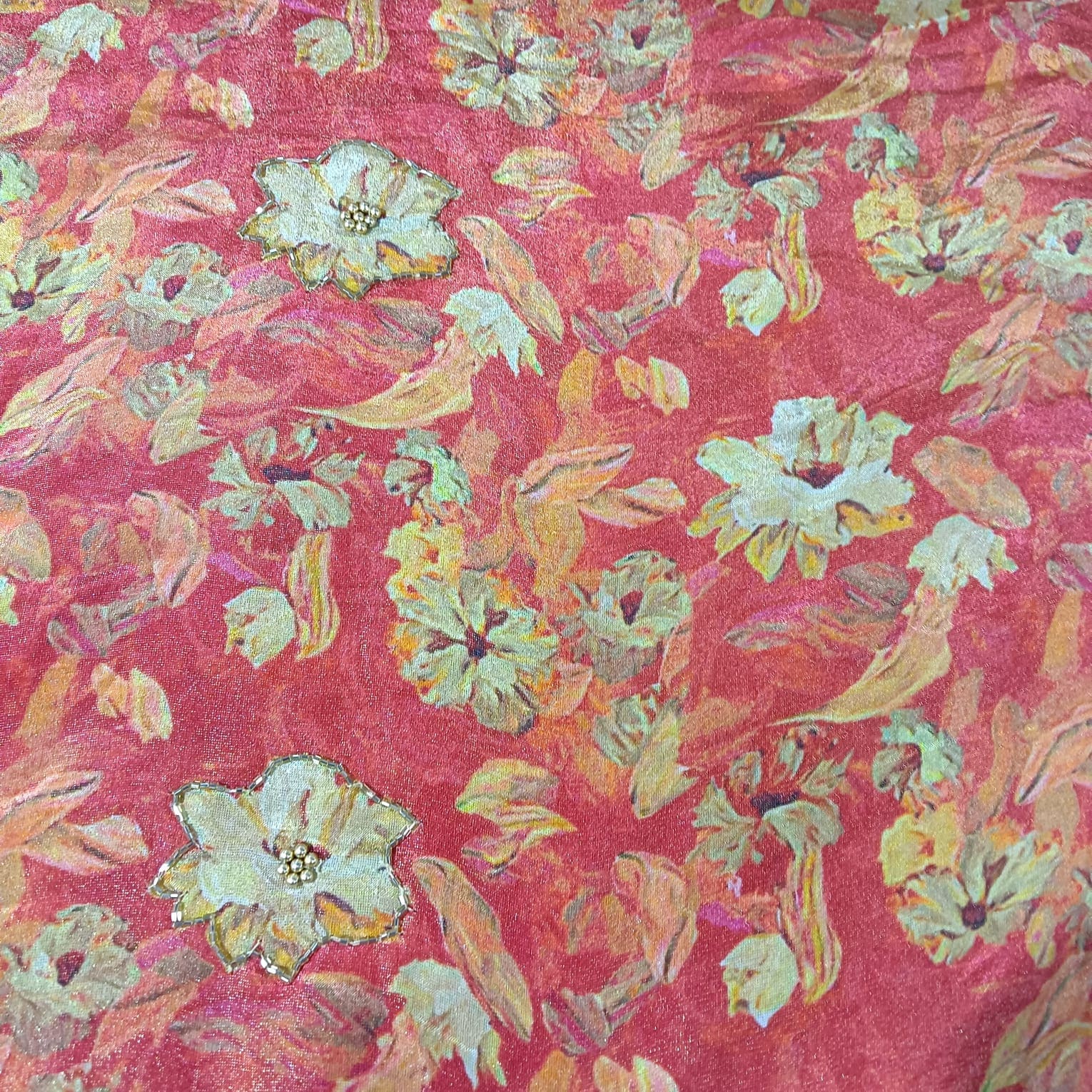 Brick Red Cutdana Floral Print Pure Tissue Fabric 21276