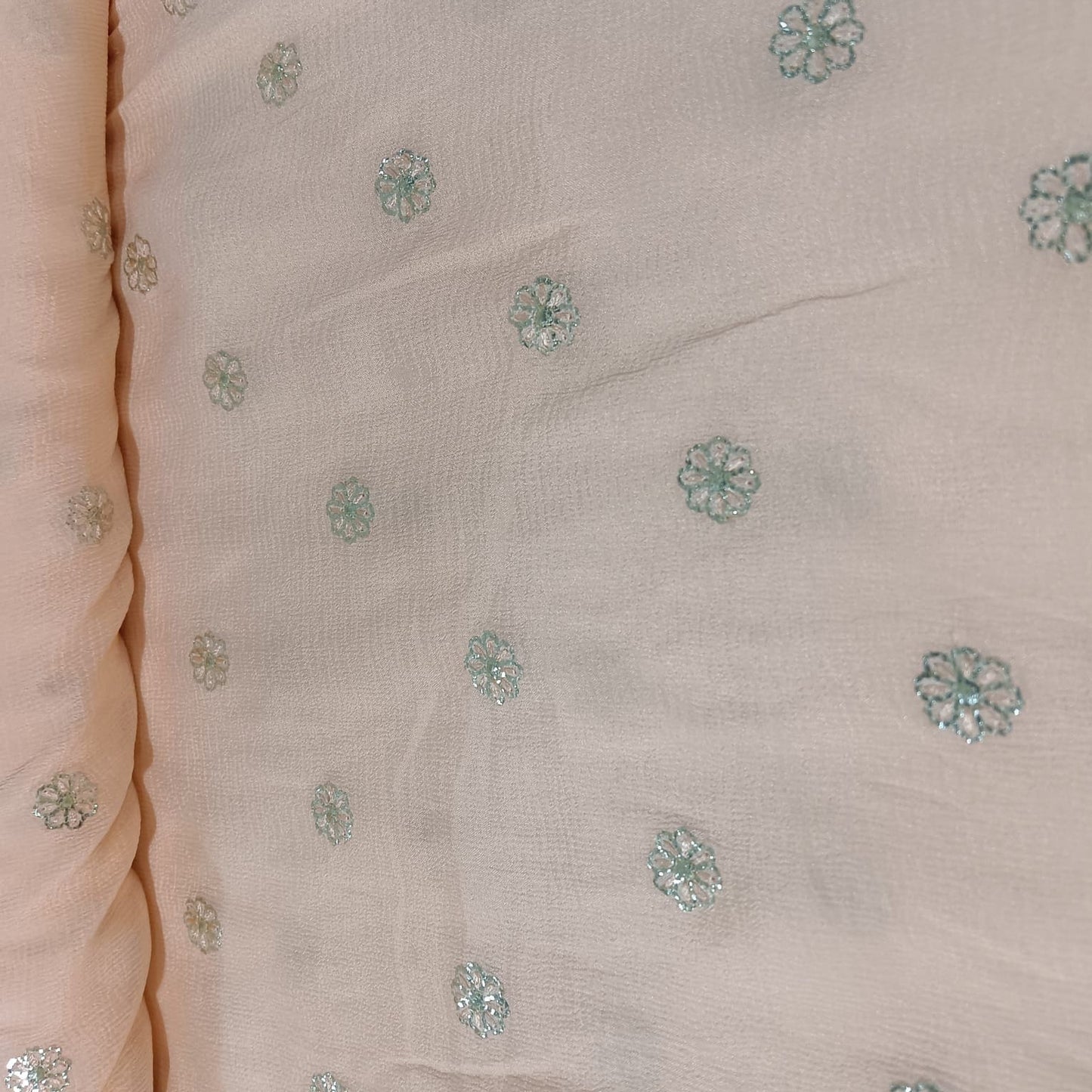 Salmon Pink & Silver FLoral Sequence Thread Embroidery Chinnon Fabric 9102