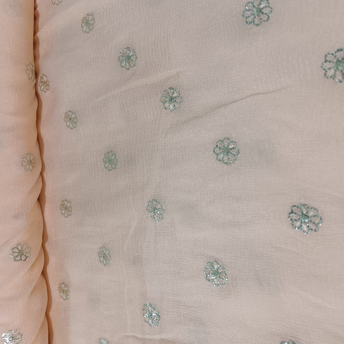 Salmon Pink & Silver FLoral Sequence Thread Embroidery Chinnon Fabric 9102