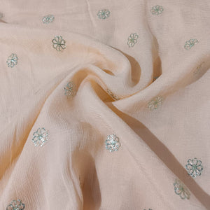Salmon Pink & Silver FLoral Sequence Thread Embroidery Chinnon Fabric 9102