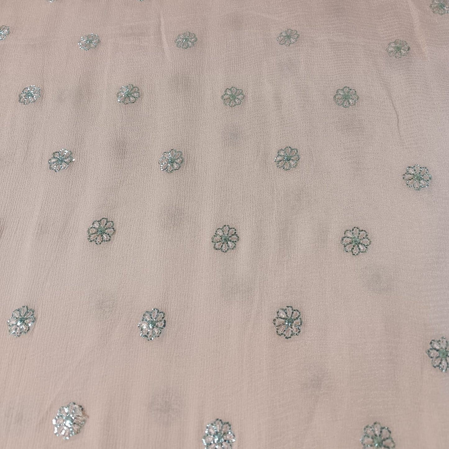 Salmon Pink & Silver FLoral Sequence Thread Embroidery Chinnon Fabric 9102