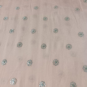 Salmon Pink & Silver FLoral Sequence Thread Embroidery Chinnon Fabric 9102