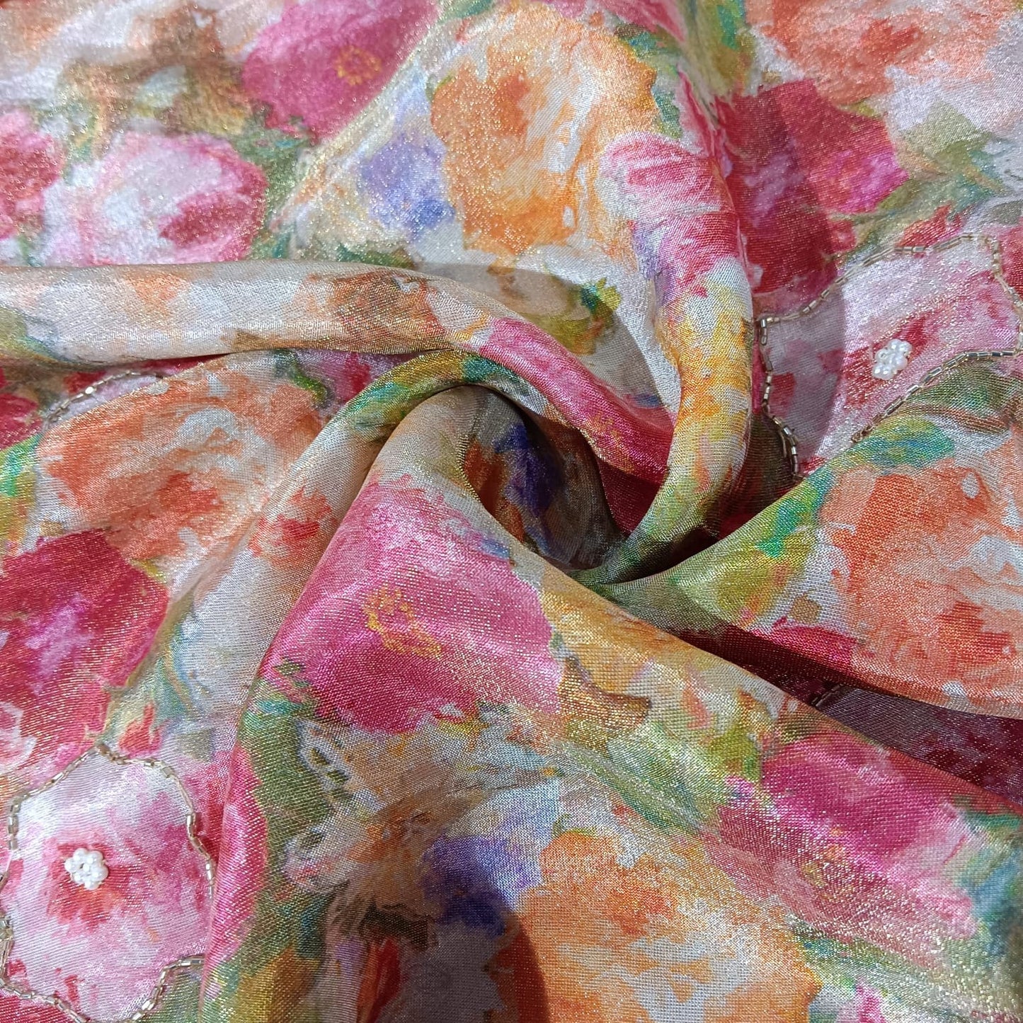 Multicolor Cutdana Floral Print Pure Tissue Fabric 21275