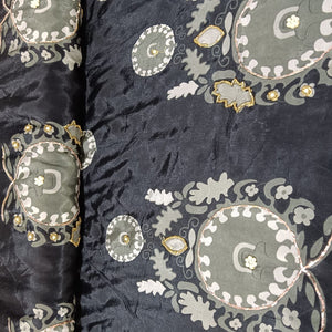 Black Floral Cutdana & Pearl Embroidery Natural Crepe Fabric 21254
