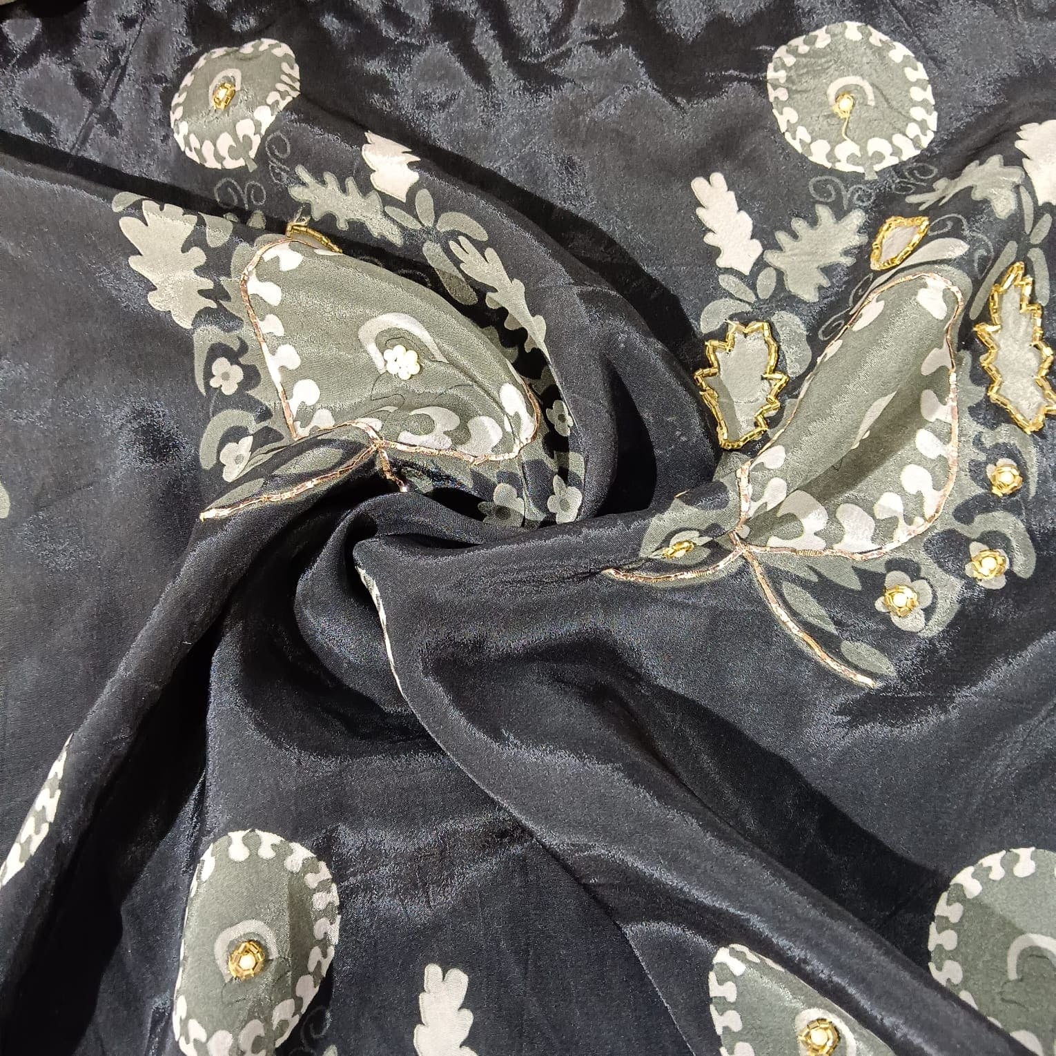 Black Floral Cutdana & Pearl Embroidery Natural Crepe Fabric 21254