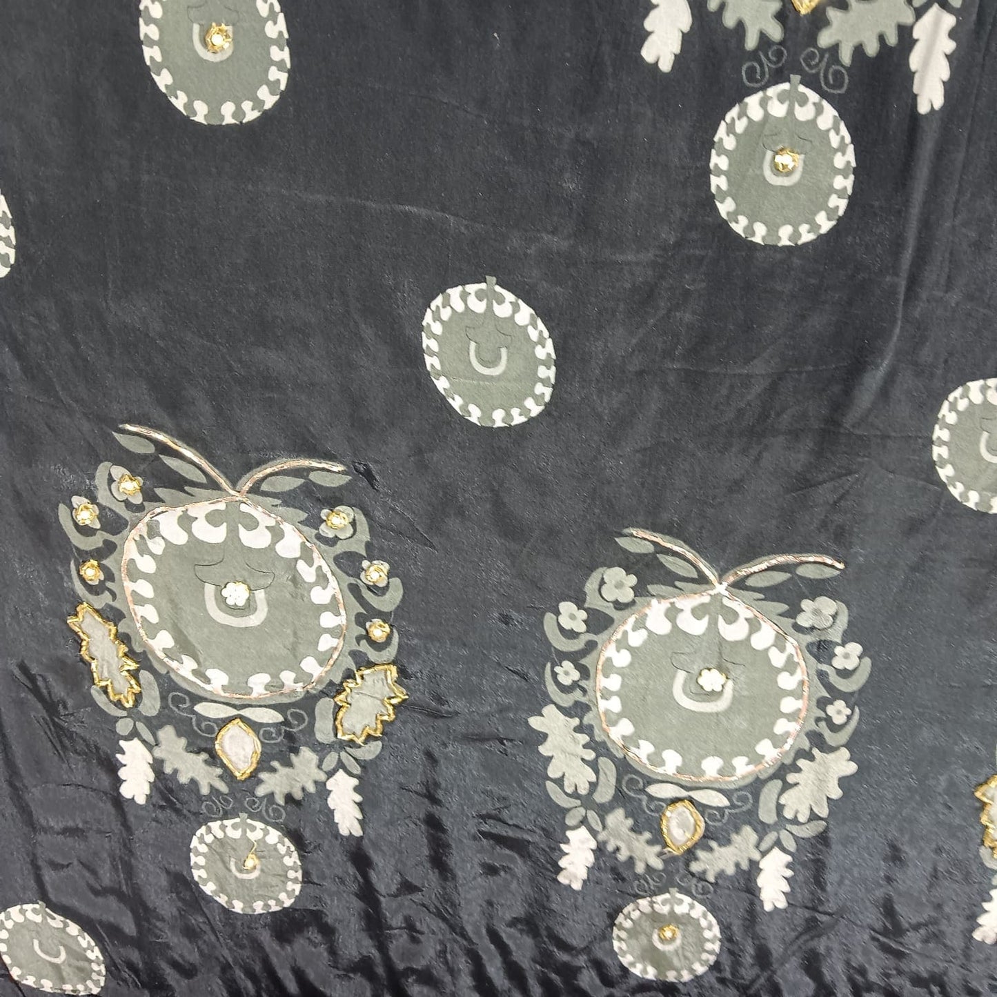 Black Floral Cutdana & Pearl Embroidery Natural Crepe Fabric 21254