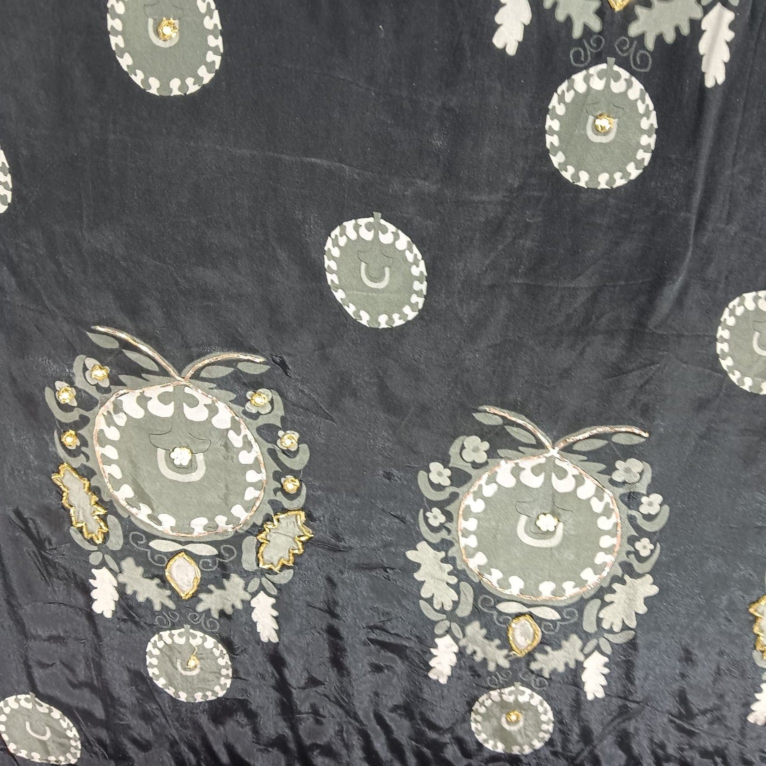 Black Floral Cutdana & Pearl Embroidery Natural Crepe Fabric 21254