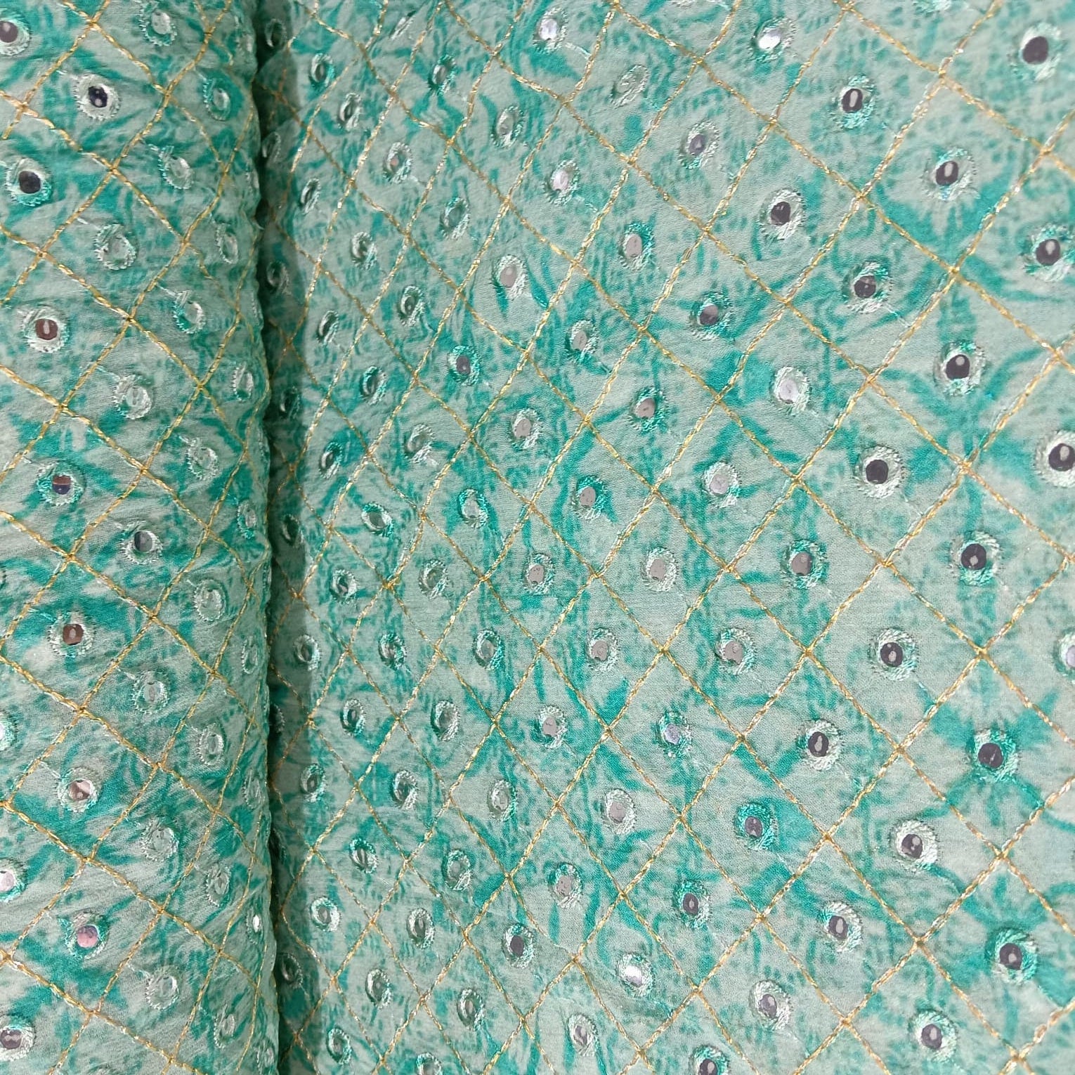 Green Zari With Mirror Work Embroidery Georgette Fabric 12243