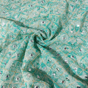 Green Zari With Mirror Work Embroidery Georgette Fabric 12243
