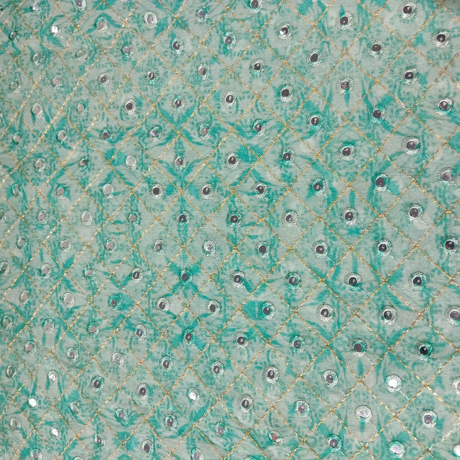 Green Zari With Mirror Work Embroidery Georgette Fabric 12243