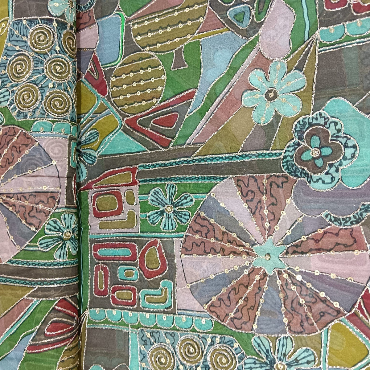 Dark Green Traditional Sequence Embroidery Georgette Fabric 13231