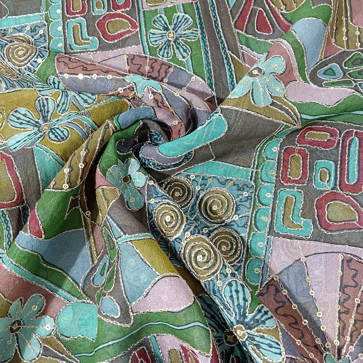 Dark Green Traditional Sequence Embroidery Georgette Fabric 13231