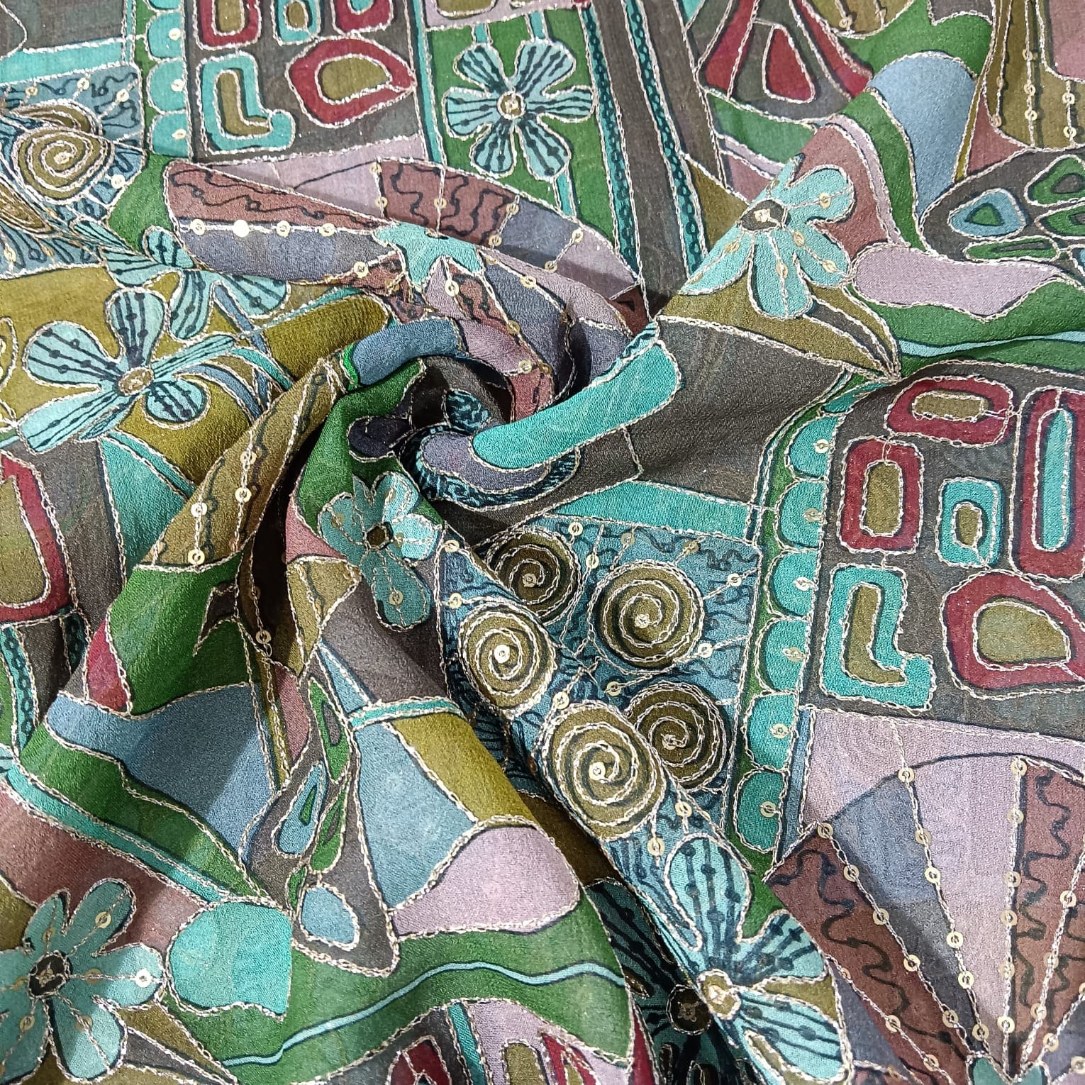 Dark Green Traditional Sequence Embroidery Georgette Fabric 13231