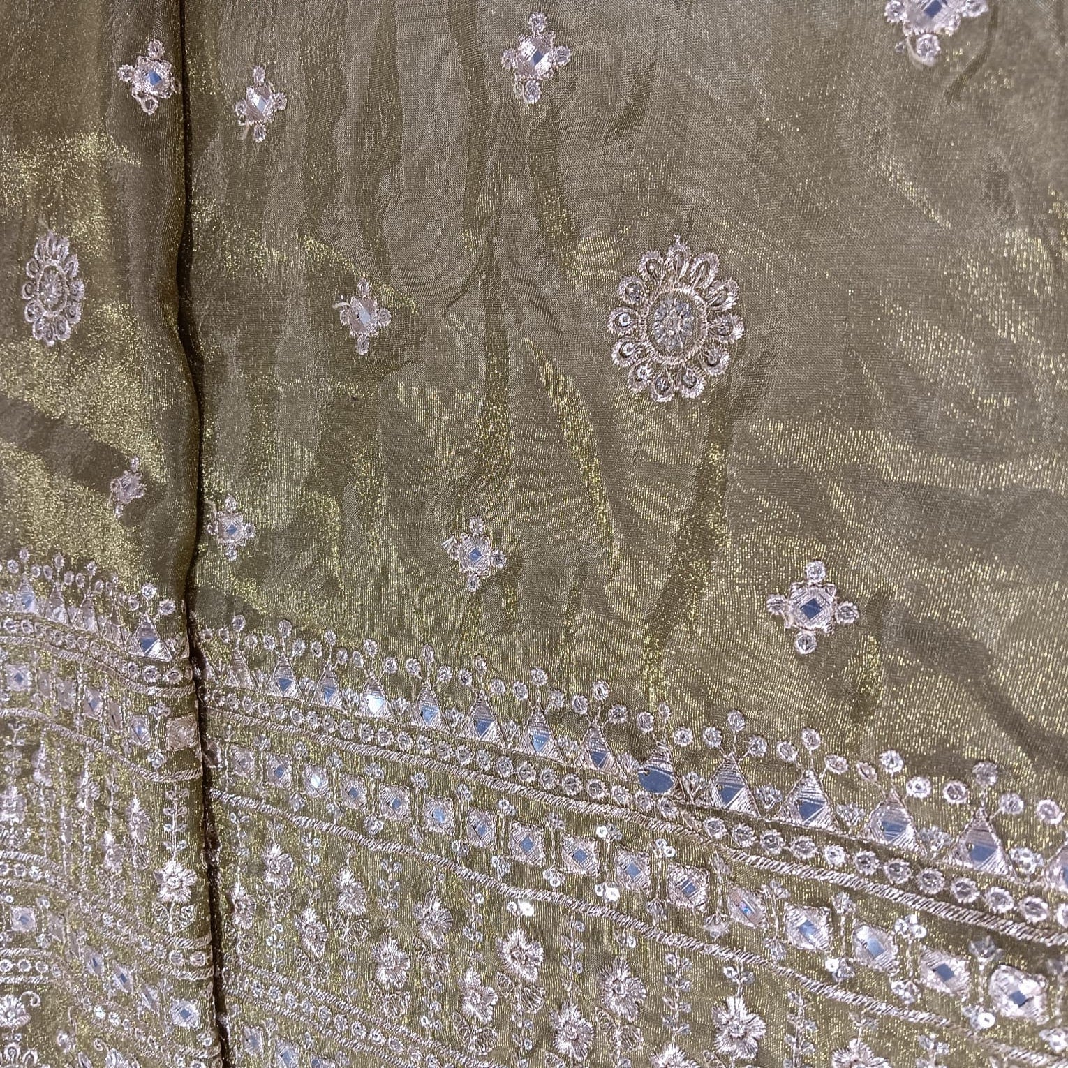 Olive Green Thread Sequins Embroidery Tissue Organza Fabric 21042
